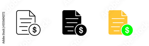 File with dollar set icon. Information, Payment, text document, discount, pdf, private, note, paid information. Data set concept. Vector icon in line, black and colorful style