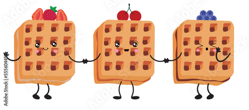 Waffle icon with various fillings. Vector illustration of waffles in the style of kawaii, pastries for breakfast, sweet snack