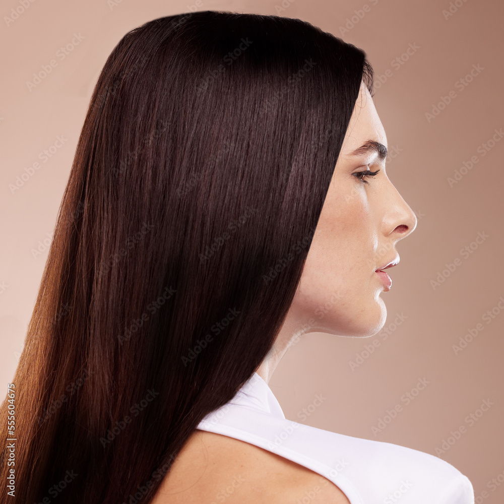 Face profile, beauty and hair care of woman in studio isolated on a brown background. Balayage, hairstyle and young female model with healthy, beautiful and long hair after salon treatment for growth Face profile, beauty and hair care of woman in studio isolated on a brown background. Balayage, hairstyle and young female model with healthy, beautiful and long hair after salon treatment for growth