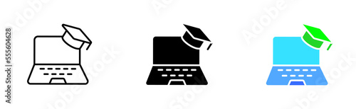 Laptop with education hat set icon. Hat, university, teacher, library, book, textbook, distance learning, lecture, couple, dictionary. Learning concept. Vector icon in line, black and colorful style