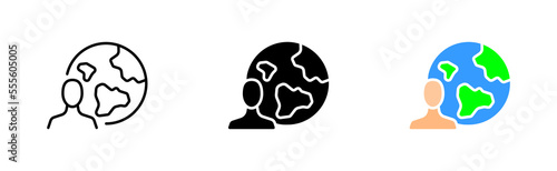 Globe line icon. Planet with a four people, coin, dollar, man, globe, earth, setting, exchanging earth for money. Money concept. Vector icon in line, black and colorful style on white background