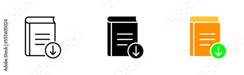 Download book line icon. Tick, note, bookmark, reading list, listen, marker, online library, education, author, literature, Writer. Author concept. Vector icon in line, black and colorful style