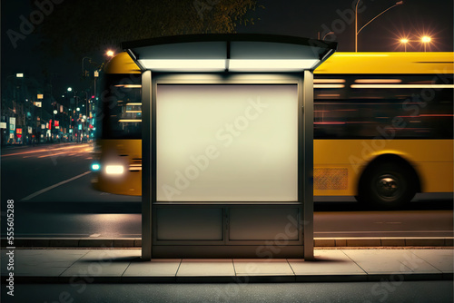 Fototapete Illuminated blank billboard mockup standing at bus stop