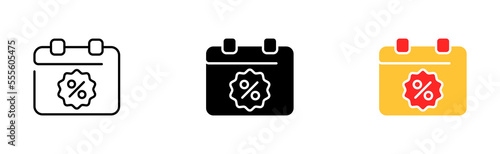 Calendar with percent line icon. Protection, tax time, expenses, salary, bomb, bag, discount, cashback, umbrella, income. Money concept. Vector icon in line, black and colorful style