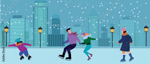 Merry Christmas and Happy New Year. Holiday scene with people characters skating on outdoor ice rink together. Vector illustration.
