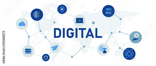 Digital technology bit code concept illustrated interconnected blue icons white background wide header corporate format