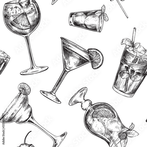 Vector seamless pattern with hand drawn cocktails in sketch style