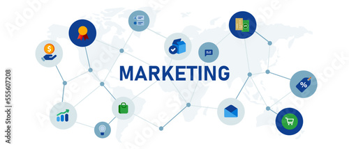 Marketing business of promotion advertising plan concept illustrated interconnected blue icons white background wide header corporate format