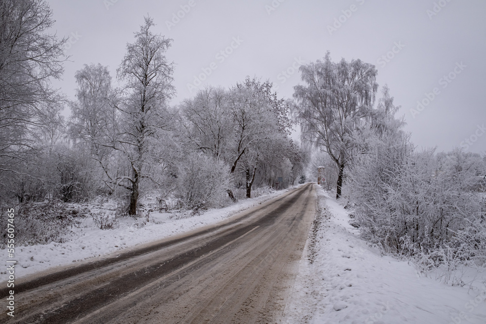 clean wet asphalt road in wintertime. Dirty snow on road sides. Long far perspective. Latvia landscape near Jelgava town. Bypass road 