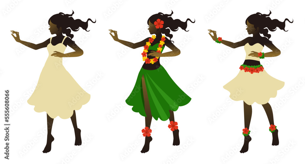 Illustration of hula dancing.Silhouettes of hula girls in Hawaiian cultural costumes of different design variations. Clipart on white background. Illustration of hula dancing.Silhouettes of hula girls in Hawaiian cultural costumes of different design variations. Clipart on white background.
