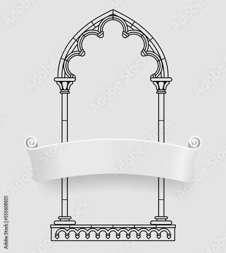 Black linear drawing of classic gothic architectural decorative frame with a white three-dimensional banner on grey background.