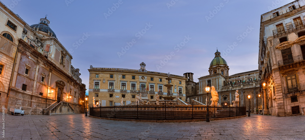 Panoramic view of Fontana Pretoria in early morning, famous landmark in Palermo, Sicily, Italy