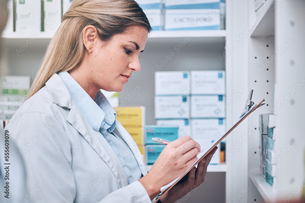 Pharmacist, writing or woman with checklist for medicine stock or medical supplements inventory supply. Pharmacy, clipboard or doctor recording retail drugs data for store shelf products management Pharmacist, writing or woman with checklist for medicine stock or medical supplements inventory supply. Pharmacy, clipboard or doctor recording retail drugs data for store shelf products management