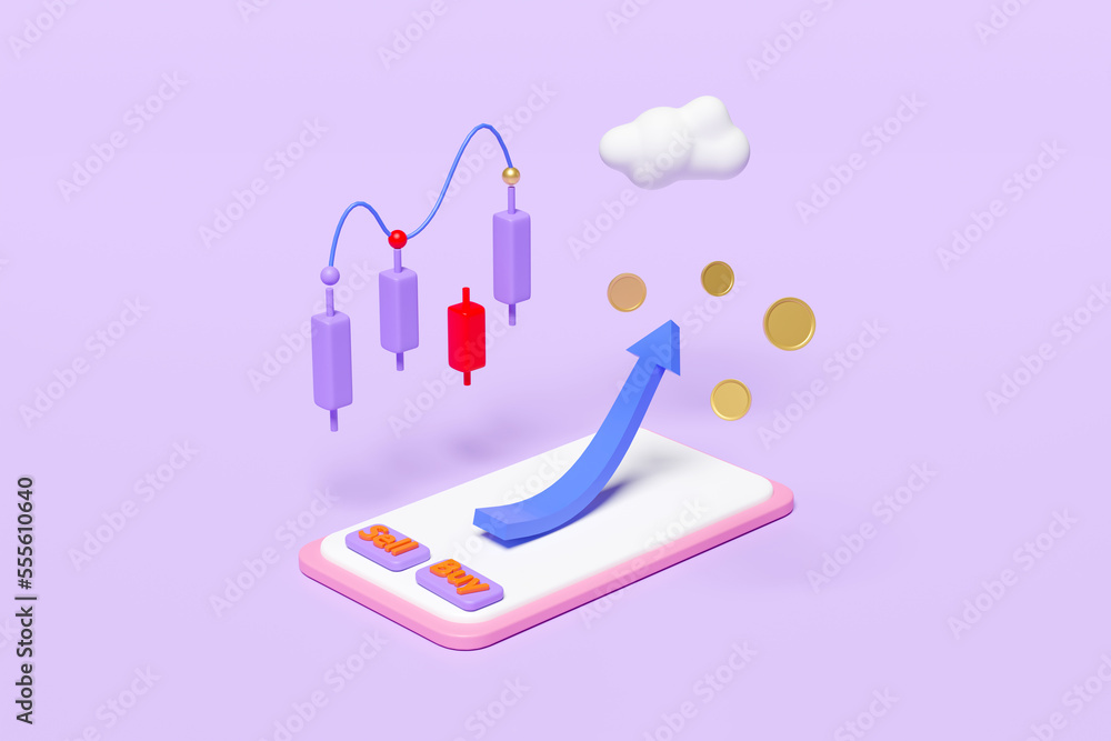 mobile phone, smartphone with charts and graph, analysis business financial data, Online marketing, cloud, coins isolated on purple background. 3d illustration or 3d render, clipping path