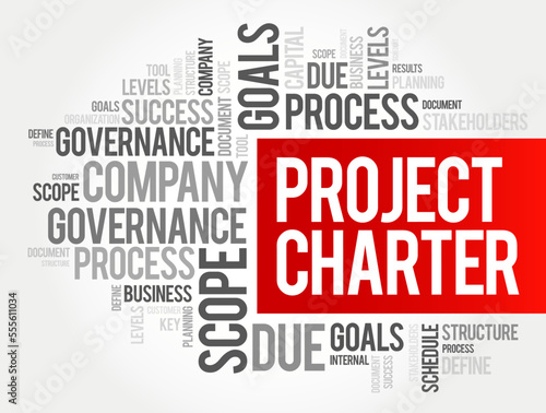 Project Charter - statement of the scope, objectives, and participants in a project, word cloud text concept for presentations and reports