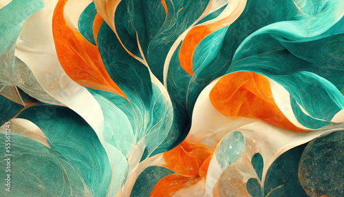 Textured marble background. Abstract design, 4k wallpaper. Turquoise, orange colors. AI