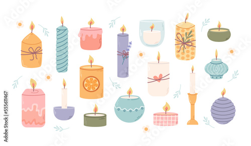 Set of different candles in candlesticks. Fragrant home decor for comfort, relaxation and spa. Vector flat illustration