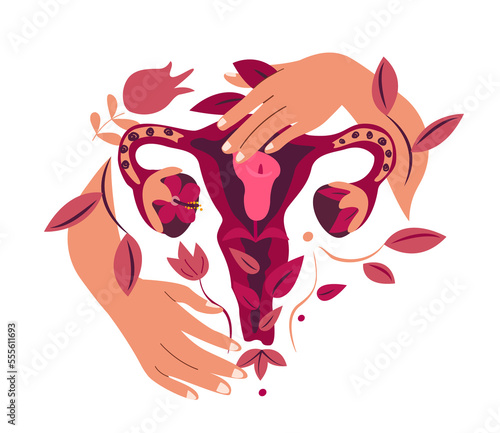 Hands care of Beautiful Female Reproductive System with Flowers.Womb and Uterus.Female Health, Fertility.Women Ovaries,Vagina Symbol.Feminine Menopause Gynecology.Anatomical Female Organs.Illustration