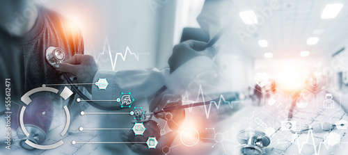 Double exposure Medicine doctor and health care.Health care with medical working in hospital.study,vaccine, rising growth.Photo Medical and technology concept.