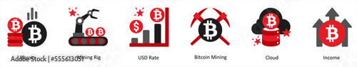 Six business icons in red and black as bitcoin, mining rig, usd rate
