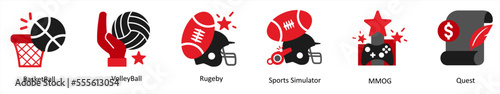 Six game icons in red and black as basket ball, volley ball, rugeby