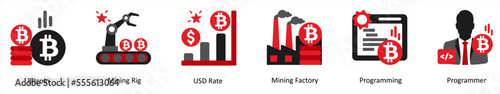 Six business icons in red and black as bitcoin, mining rig, usd rate