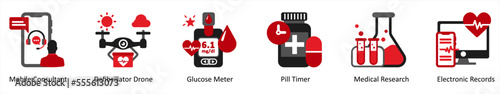 Six medical icons in red and black as mobile consultant, defibrilator drone, glucose meter