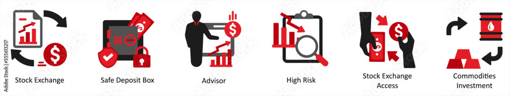 Six business icons in red and black as stock exchange, safe deposit box, advisor Six business icons in red and black as stock exchange, safe deposit box, advisor