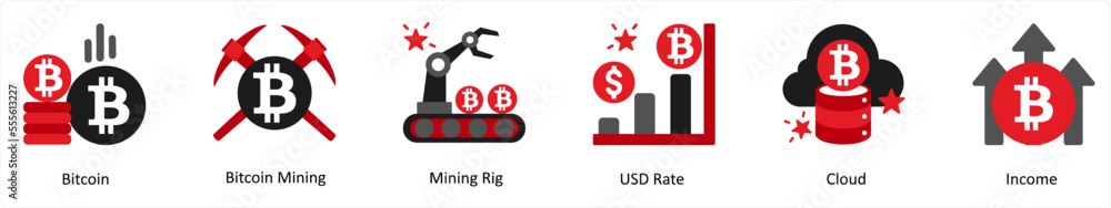 Six business icons in red and black as bitcoin, bitcoin mining, mining rig Six business icons in red and black as bitcoin, bitcoin mining, mining rig