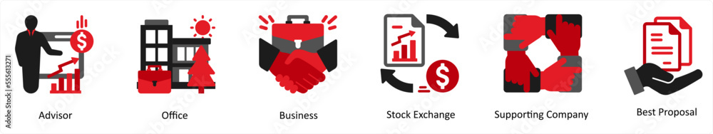 Six business icons in red and black as advisor, office, business