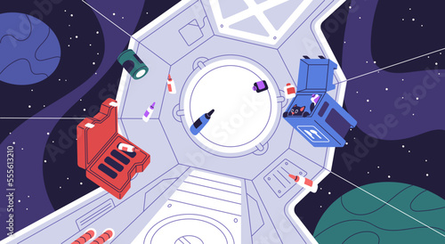 Zero gravity inside space ship, cosmos shuttle. Weightlessness in universe station, spaceship. Studd, bottles, bags, cat flying, floating in mess, chaos in spacecraft. Flat vector illustration