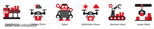 Six drone icons in red and black as assembly line, delivery drone, robot