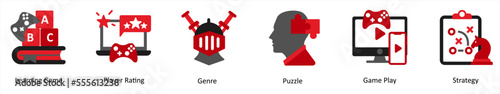 Six game icons in red and black as learning game, player rating, genre
