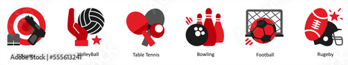 Six game icons in red and black as shooter, volley ball, table tennis