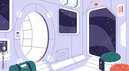 Spaceship interior. Inside space ship, station. Empty spacecraft, cosmos shuttle during flight in galaxy, universe. Interstellar, starship indoors with round door and window. Flat vector illustration
