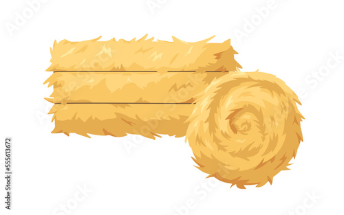 Hay bale, dry grass roll. Golden straw, haystack composition. Gold fodder stacks of round and rectangle shapes. Compressed yellow colza. Flat vector illustration isolated on white background