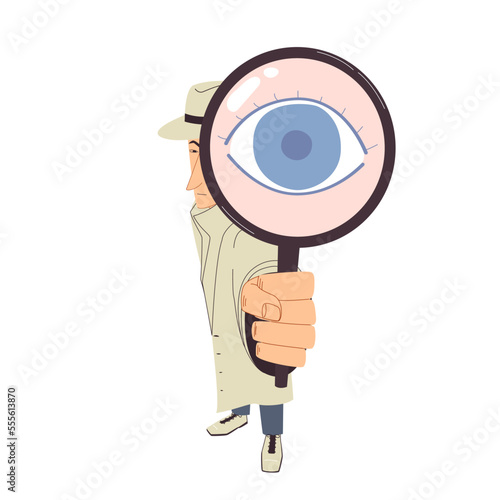 illustration of a detective in a hat and cloak looking into a magnifying glass, big eye, cartoon style, line art, children's illustration, flat style