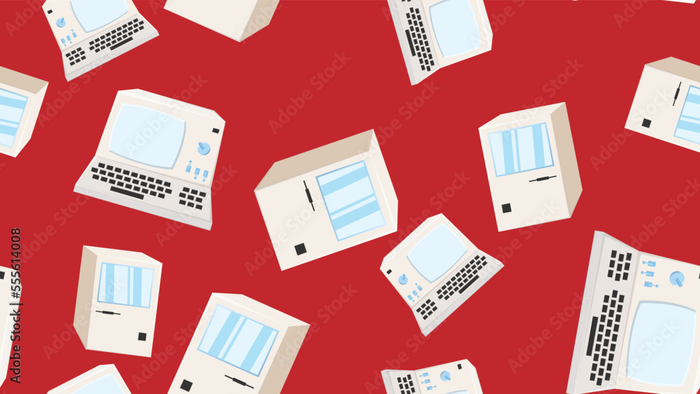 Seamless pattern endless computer with old retro computers, vintage white hipster pc from 70s, 80s, 90s isolated on red background. Vector illustration