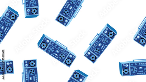 Seamless pattern endless with music audio cassette old retro tape recorders vintage hipster from 70s, 80s, 90s isolated on white background. Vector illustration