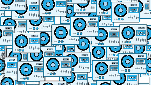 Seamless pattern endless with music audio cassette old retro tape recorders vintage hipster from 70s, 80s, 90s isolated on white background. Vector illustration
