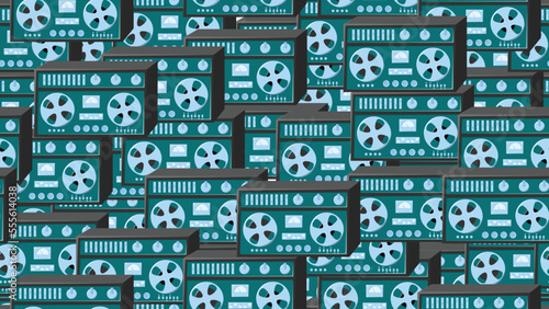 Seamless pattern endless with music audio cassette old retro tape recorders vintage hipster from 70s, 80s, 90s isolated on green background. Vector illustration