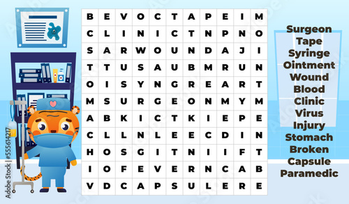 Medical word search game for kids with cute tiger doctor character in hospital, funny puzzle for printable worksheets in cartoon style