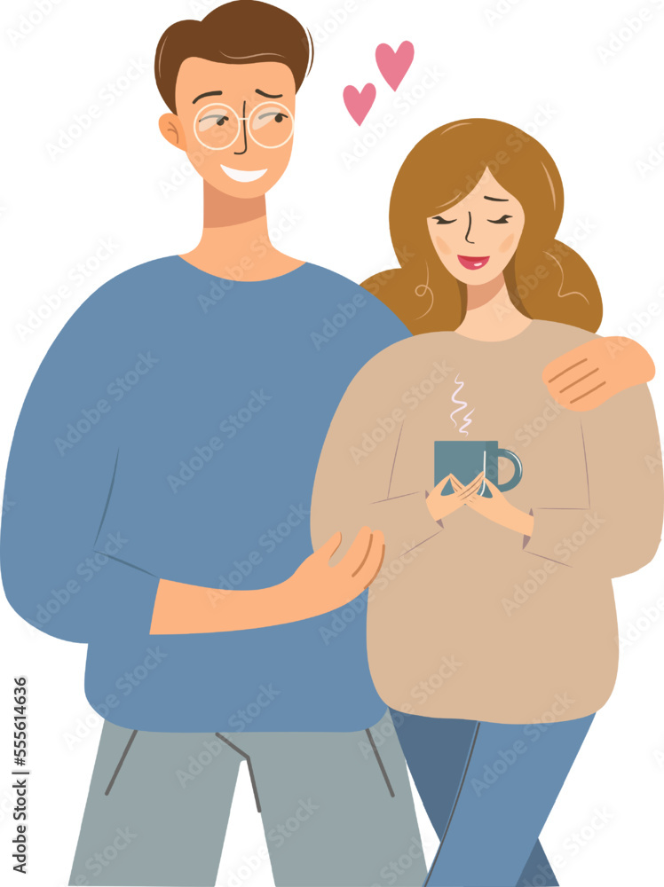 Fototapeta premium Stylish beautiful love couple drinking tea or coffee and walking. Man and woman spend time together. Isolated cartoon vector illustration. flat style.