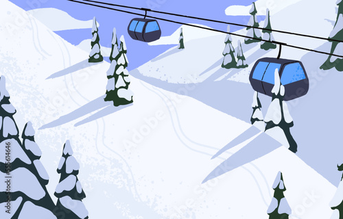 Ski resort with cable way, chairlifts and slope covered with snow. Winter landscape, snowy scenery with ropeway, trees in Alps mountains in cold sunny weather, frost. Flat vector illustration