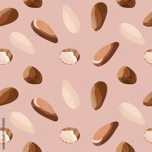 Almond nuts hand drawn seamless pattern. Almond chokolate, milk packaging, cover. Plant based dairy free, organic, natural product. Vector illustration for wallpaper, fabric, textile.