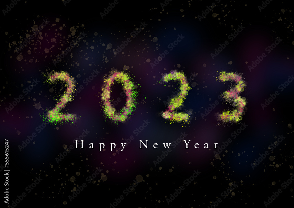 2023 Happy New Year firework text on a black background