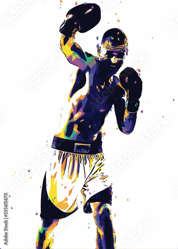Human Sport Boxing Creative Illustration Image, Retro boxer in fighting stance portrait Floyd Mayweather on pop art style isolated.