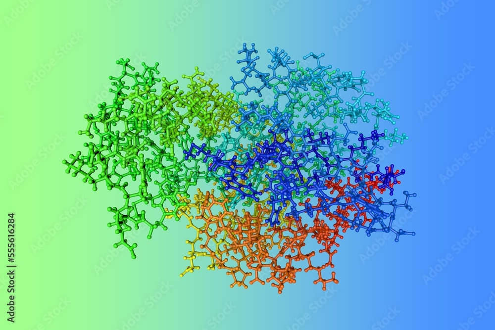 Human thioesterase 2. Molecular model on colorful background. Rendering based on protein data bank entry 4xjv. Rainbow coloring from N to C. Scientific background. 3d illustration