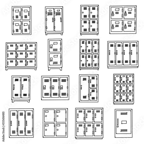 Locker Doodle vector icon set. Drawing sketch illustration hand drawn line eps10