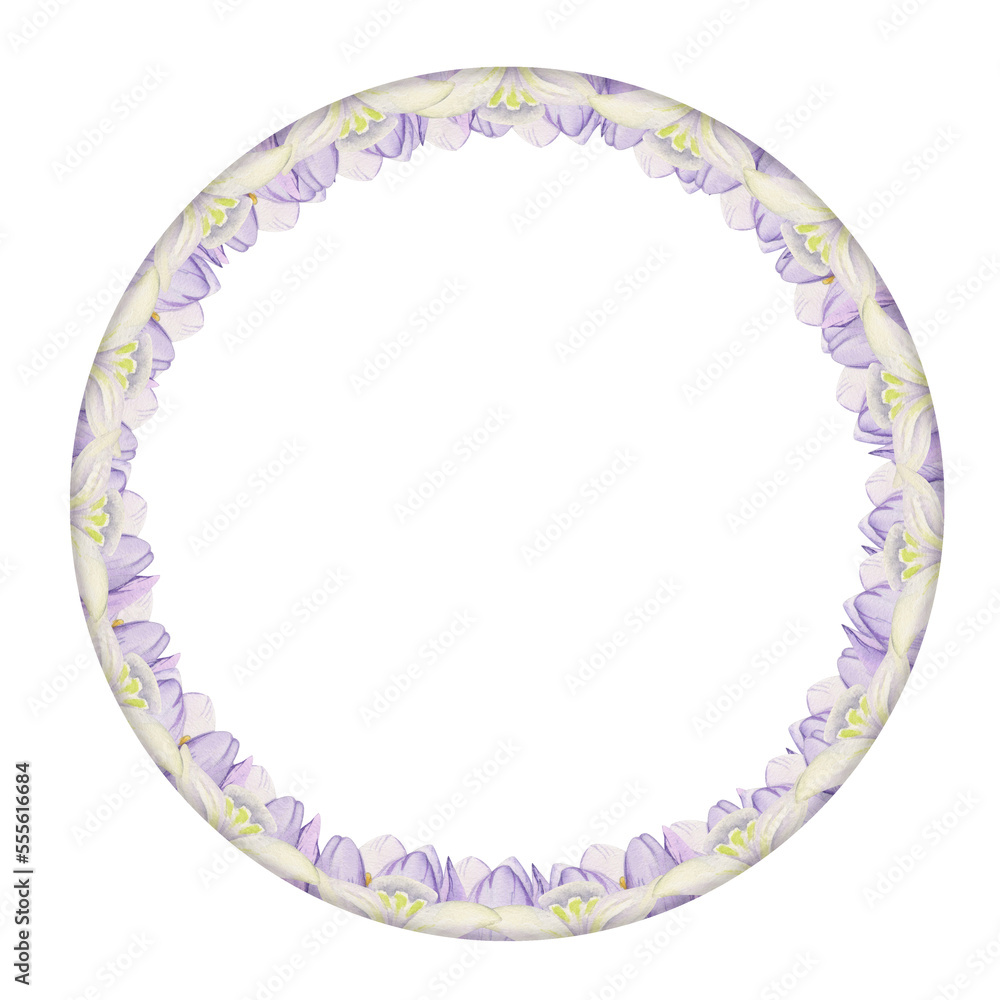 Watercolor hand drawn circle wreath with spring flowers, daffodils, crocus, snowdrops, leaves. Isolated on white background. Design for invitations, wedding, greeting cards, wallpaper, print, textile. Watercolor hand drawn circle wreath with spring flowers, daffodils, crocus, snowdrops, leaves. Isolated on white background. Design for invitations, wedding, greeting cards, wallpaper, print, textile.